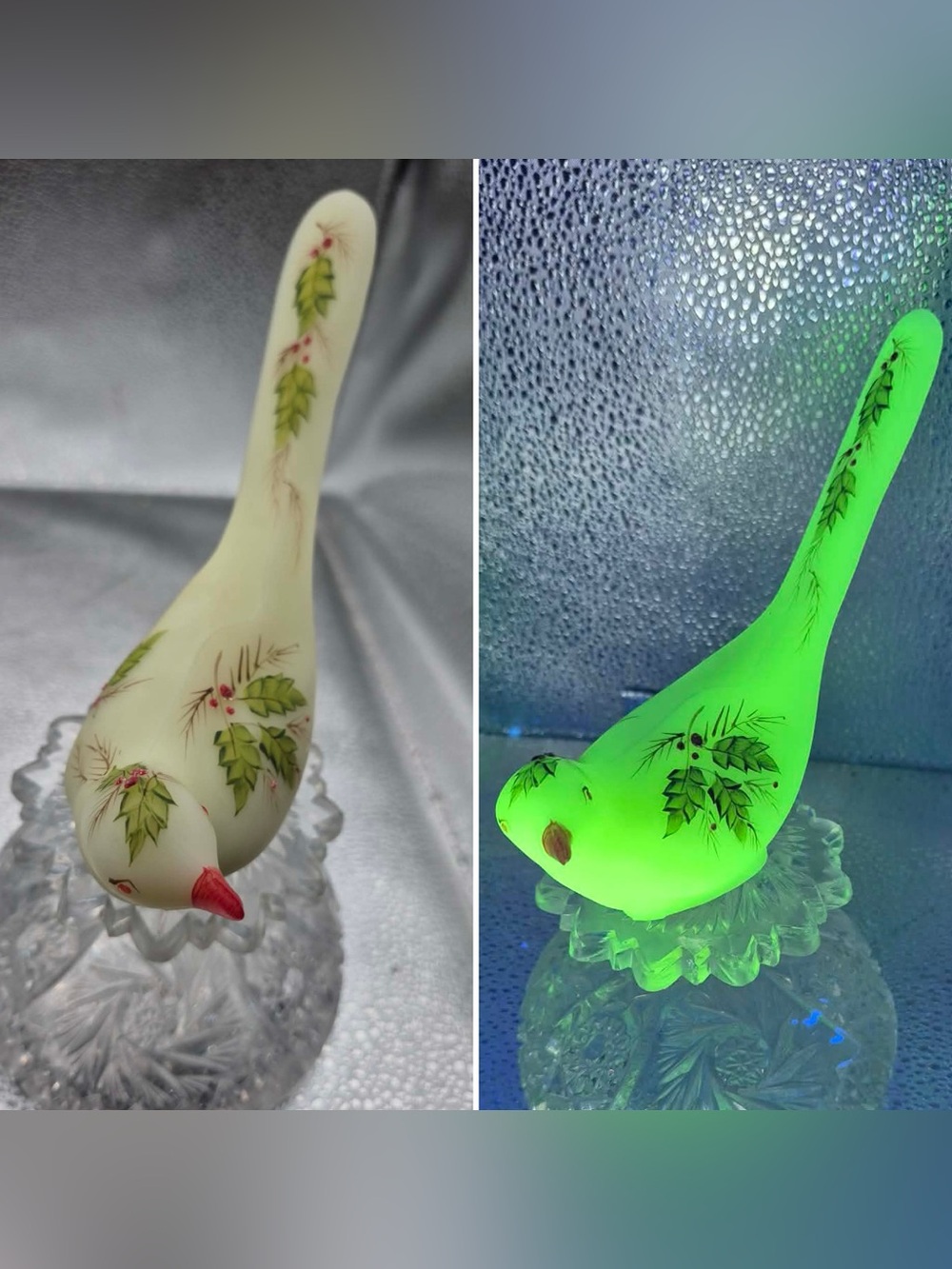 Fenton Uranium Custard Glass Bird of Happiness Christmas Mistletoe Holly LOWERS
